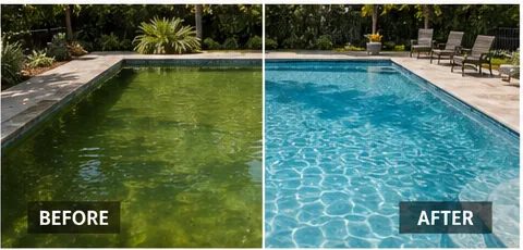 Split view of one pool: opaque green algae-filled water on the left, the same pool clear and blue on the right.
