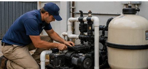 Pool equipment pad with pump, cartridge filter and valve manifold.