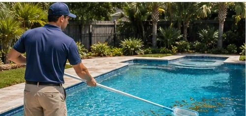 Leaves and debris being lifted off the water surface with a skimmer net.