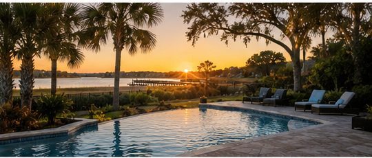 Backyard pool at dusk with the deck and water lights on, live oaks behind.